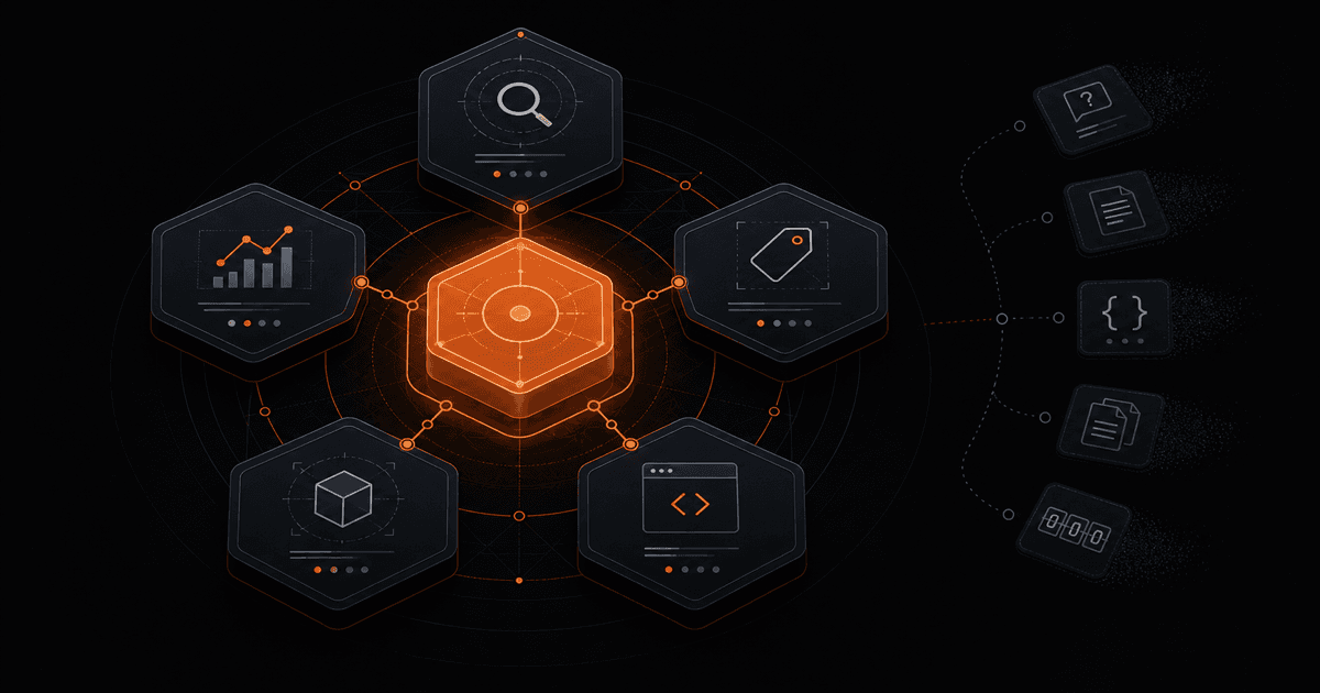 Dark technical editorial diagram showing a GEO capability connected to search, analytics, brand, product and engineering systems while a small stack of shortcut tactics sits disconnected.