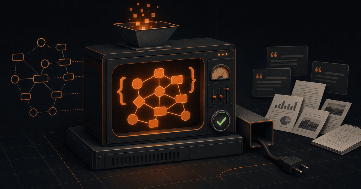 Editorial illustration of a glowing schema graph presented as an AI citation machine while disconnected evidence sits beside an unplugged output